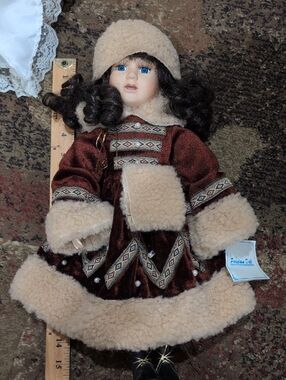 Porcelain Doll in Brown and Cream Winter Outfit